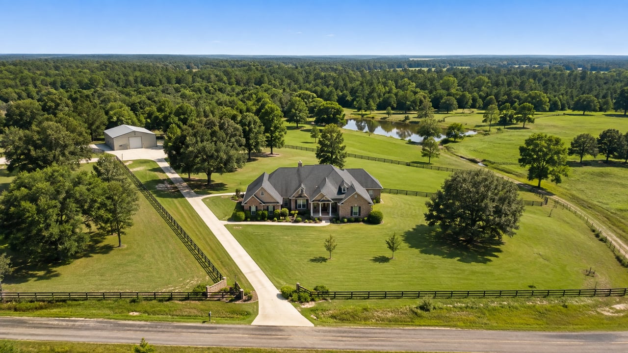 Aerial view of a brick country home with a long driveway, fenced grounds, detached outbuilding, and pond.