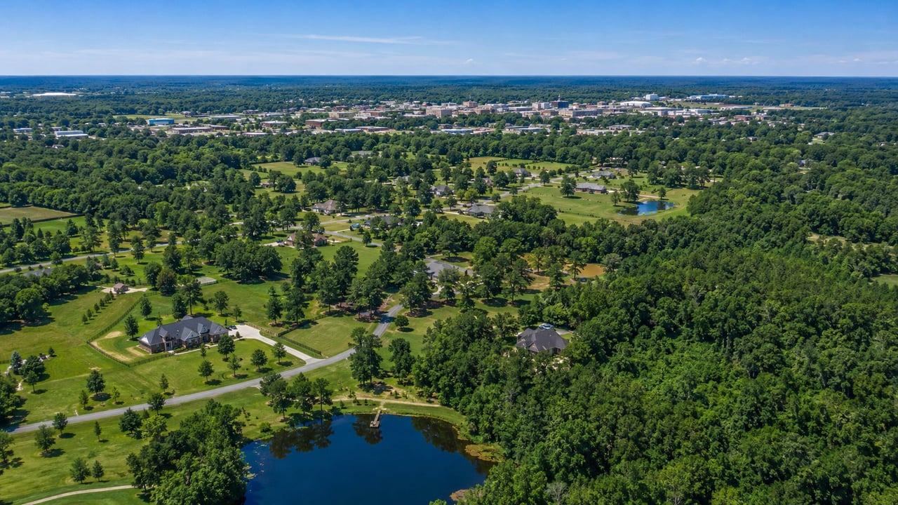 Aerial view of a tree-filled town with scattered homes, wooded land, and ponds.