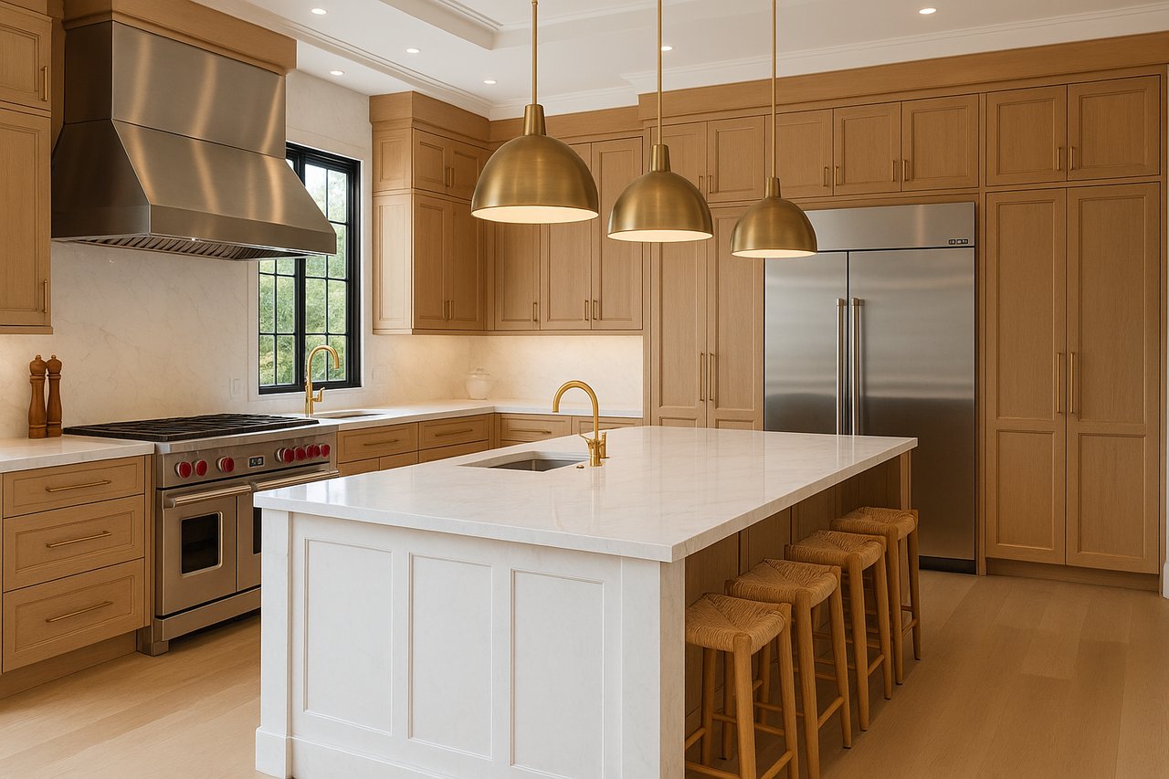 Kitchen with warm wood cabinetry, a large marble island, brass pendant lights, and stainless-steel appliances.