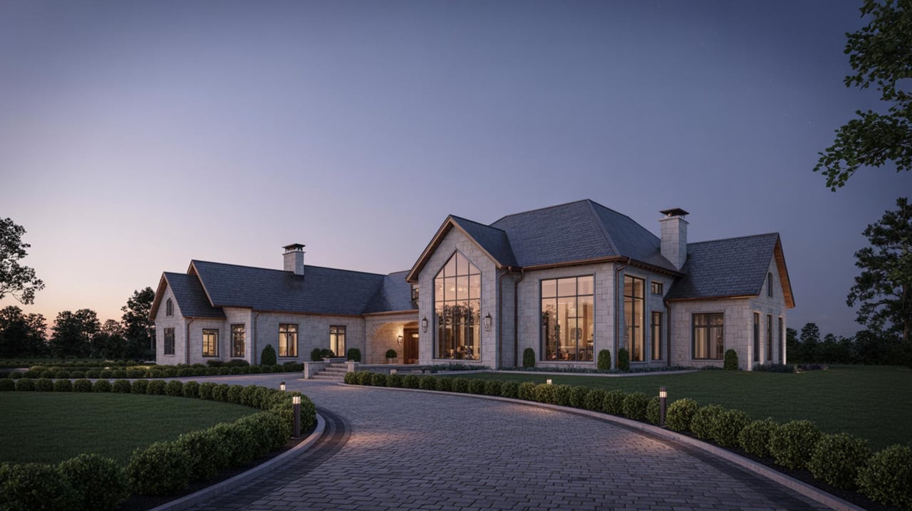 Large stone-and-timber house with steep slate roofs, glowing windows, and a curved cobblestone driveway at dusk.