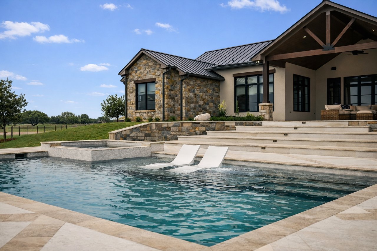 Stone-and-stucco home overlooking a swimming pool with a shallow ledge and covered patio.