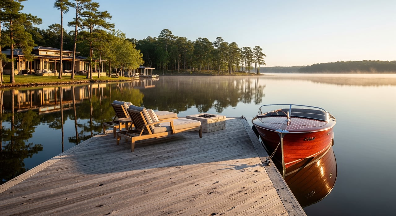 Wooden lakeside dock with lounge chairs and a red motorboat beside a tree-lined shore.