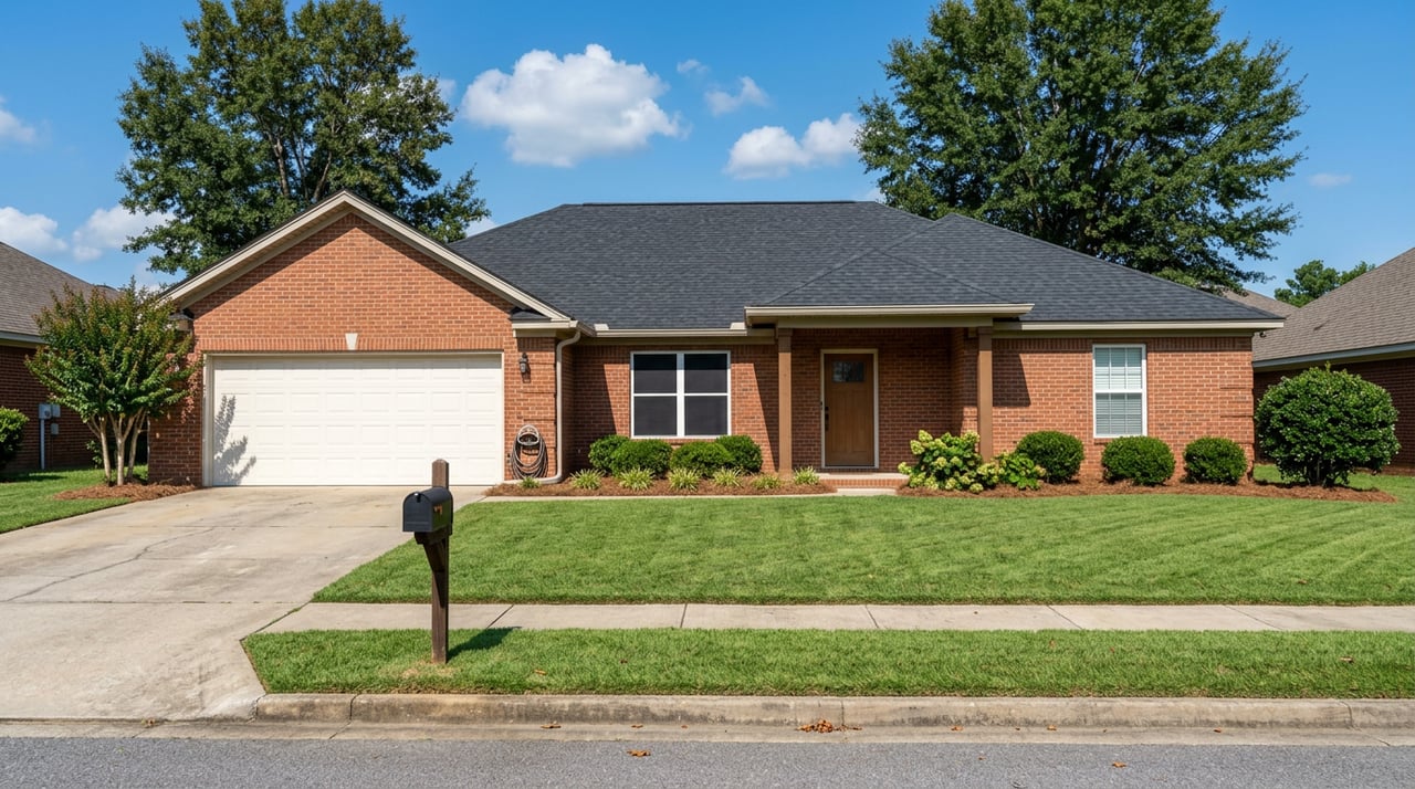 Single-story brick ranch with an attached two-car garage, broad lawn, and mature oaks framing the roofline.