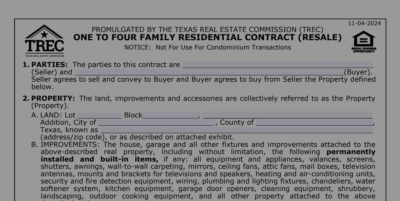 Texas residential resale contract form with blank party and property fields, dated November 4, 2024.