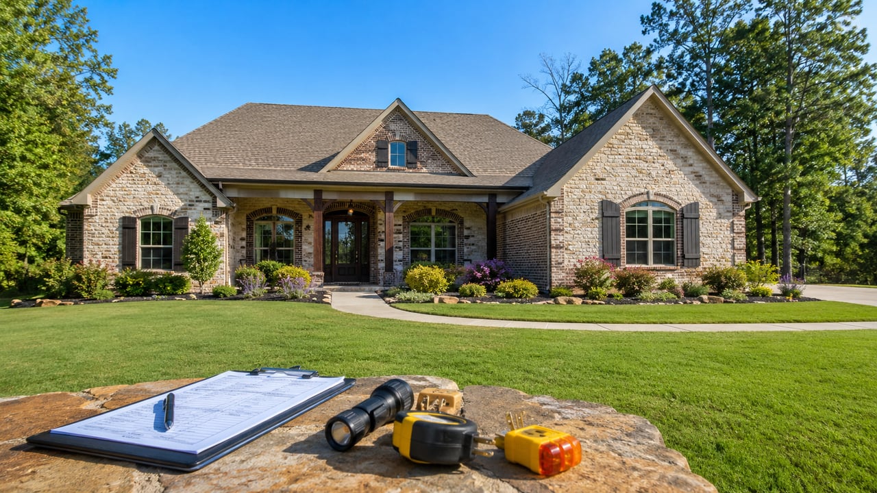 Stone-and-brick home with a covered porch and lawn, with inspection tools in the foreground.