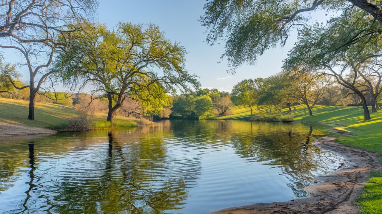 A winding pond reflects leafy trees and rolling green lawns beneath a clear blue sky.