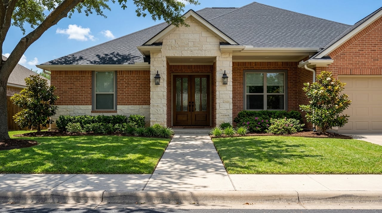 Brick-and-limestone entry with a covered stoop, double wood doors, landscaped grounds, and a glimpse of the garage.