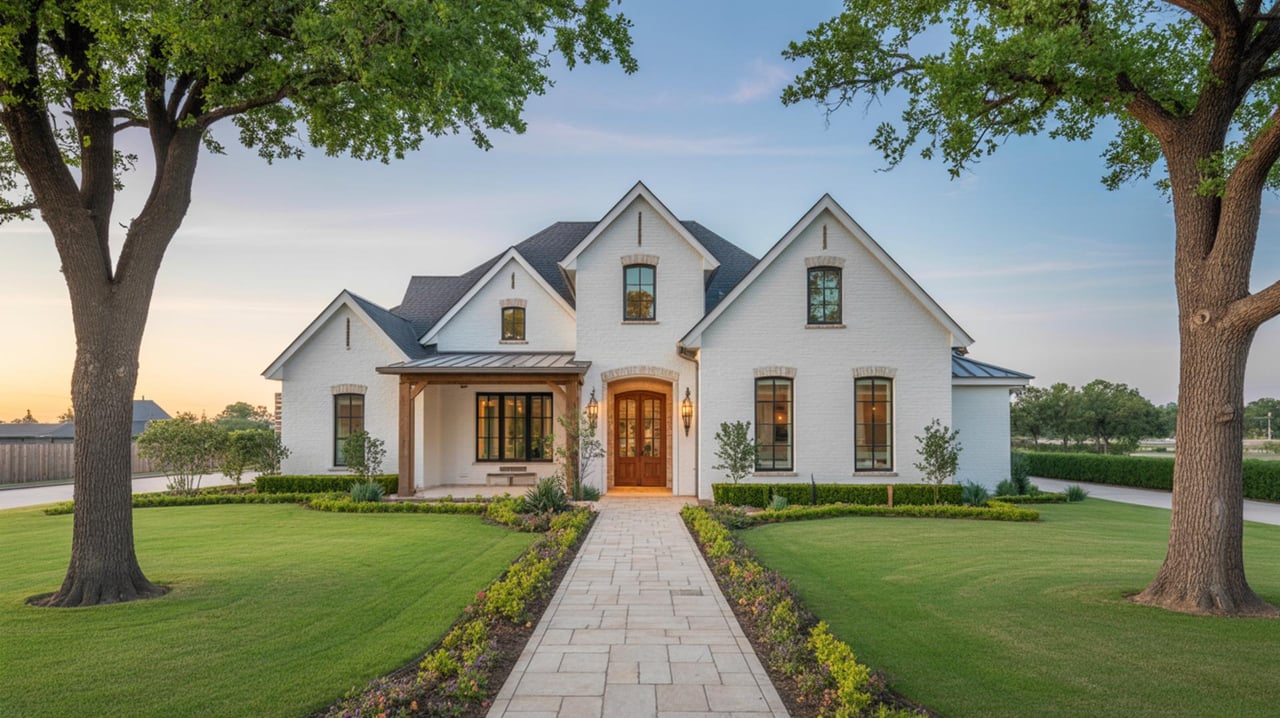 White farmhouse with steep gables, a stone walkway, clipped lawn, and two large framing trees.