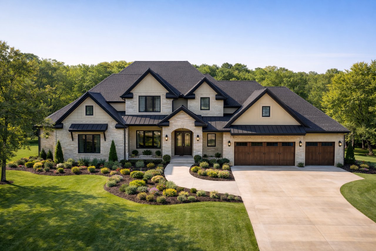 Large stone home with a three-car garage, landscaped beds, and a curved driveway.