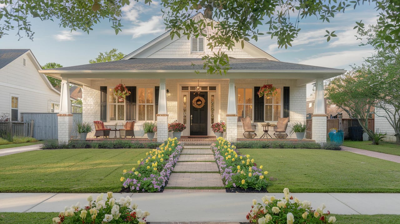 White cottage with a deep porch, flower-lined walkway, and hanging baskets.