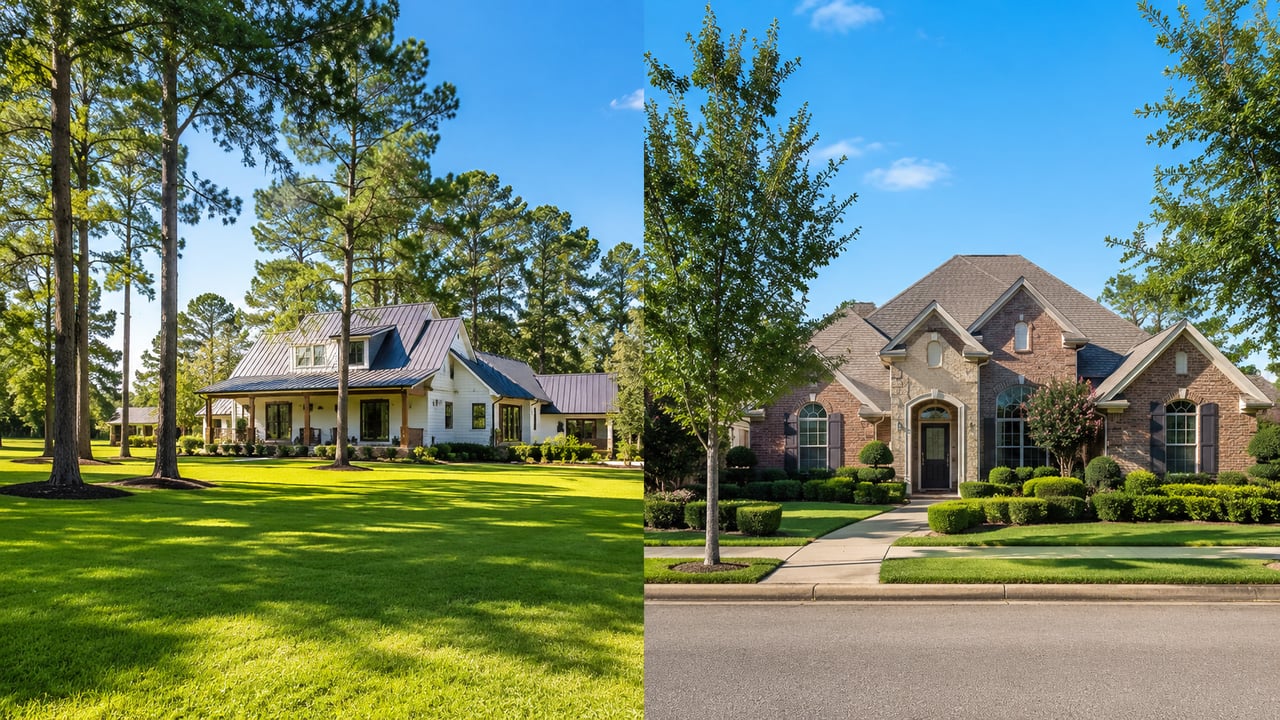 Two homes: a white farmhouse beneath tall pines and a brick house with manicured hedges.