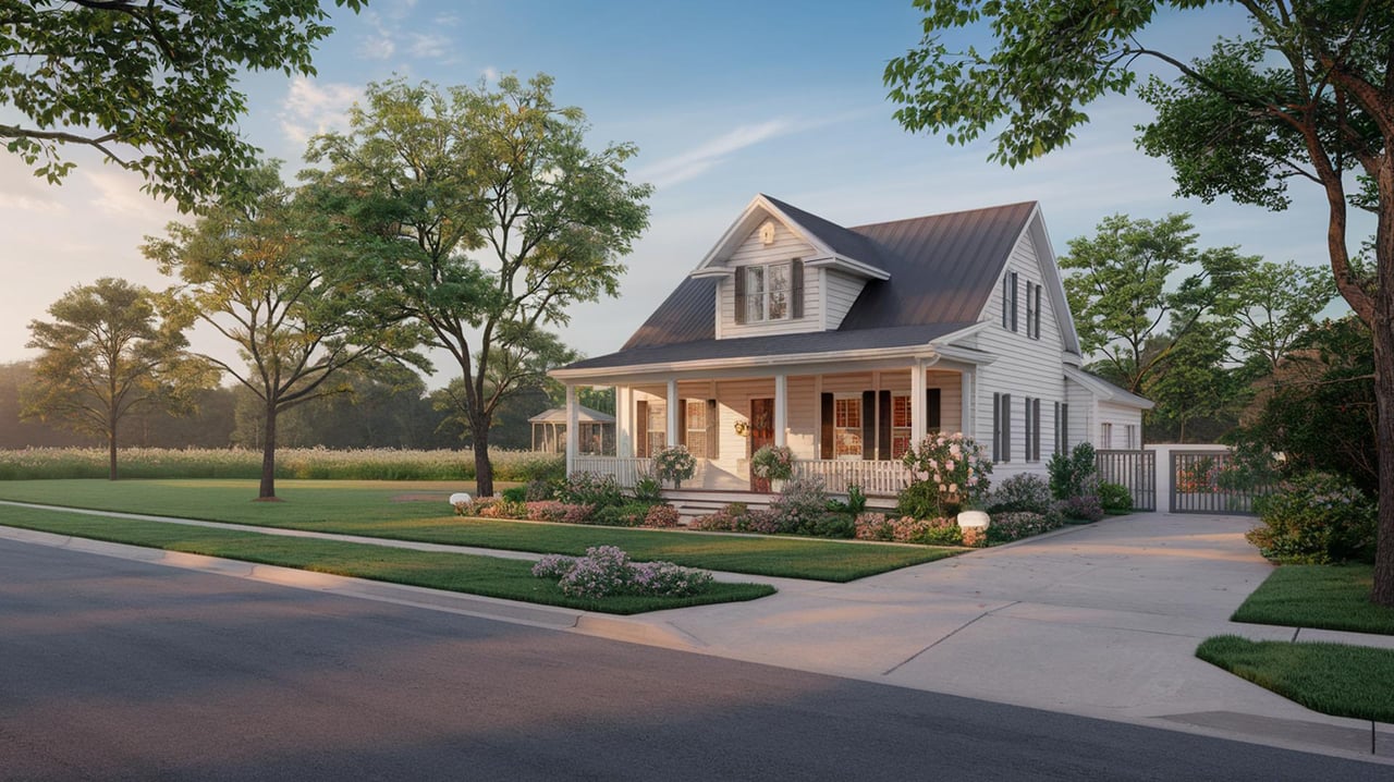 White farmhouse with a wraparound porch, flower gardens, and a driveway beneath mature trees.