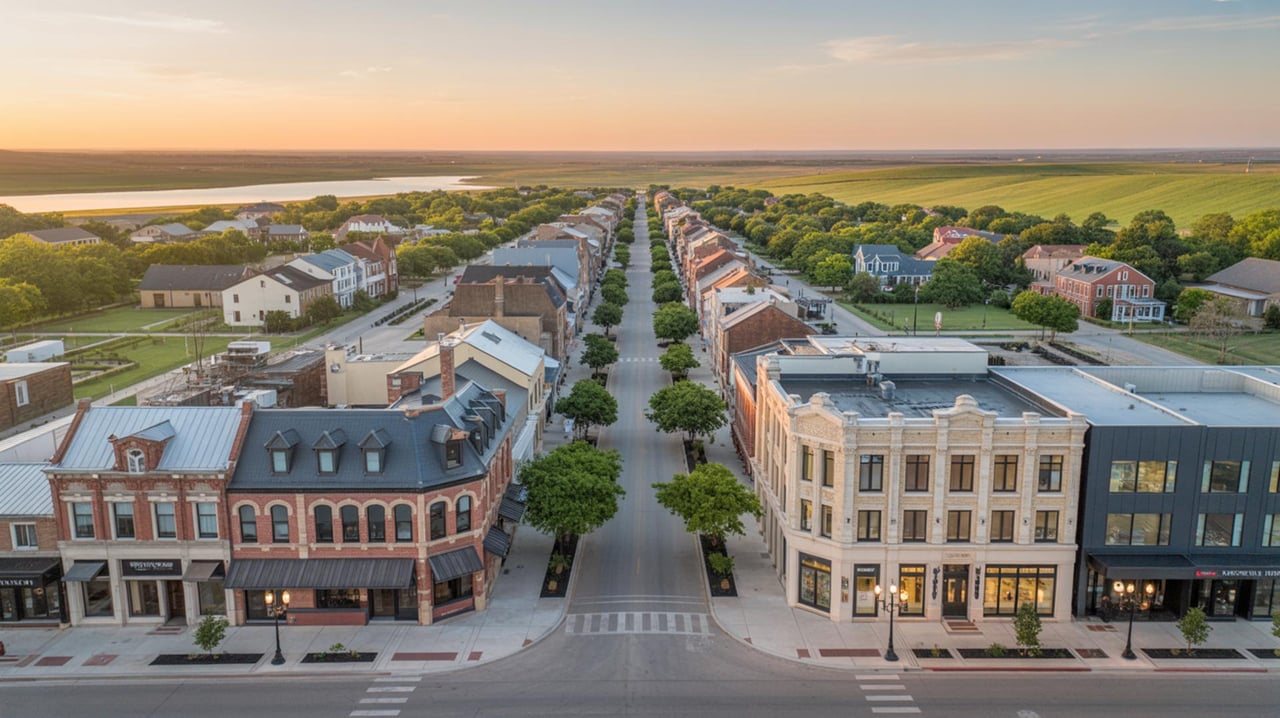 Aerial view down a tree-lined town street between historic brick storefronts at sunset.