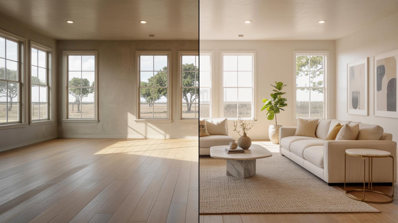 Split view of a sunlit living room, bare on the left and furnished with a white sofa and plants on the right.