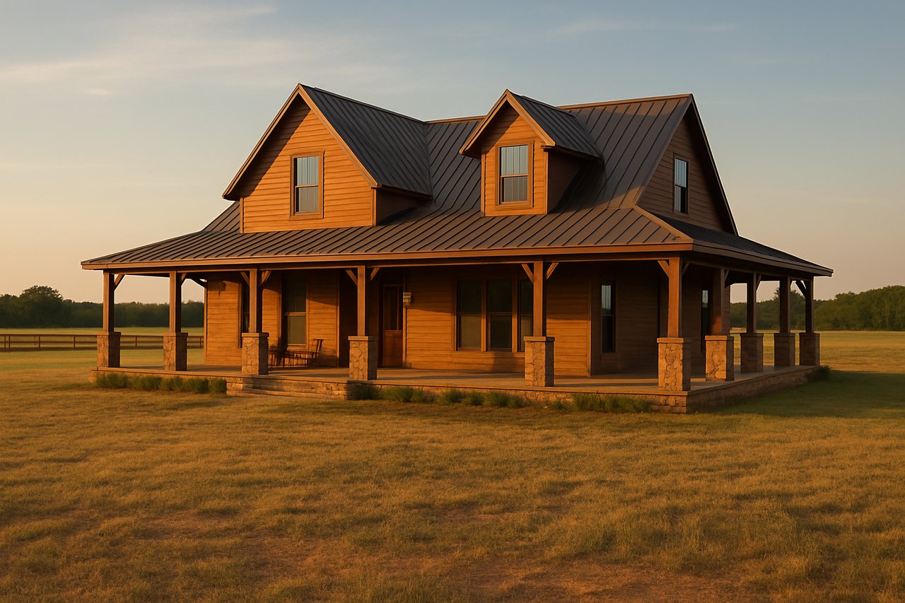 Wood-sided country home with a dark metal roof and wraparound porch in an open field