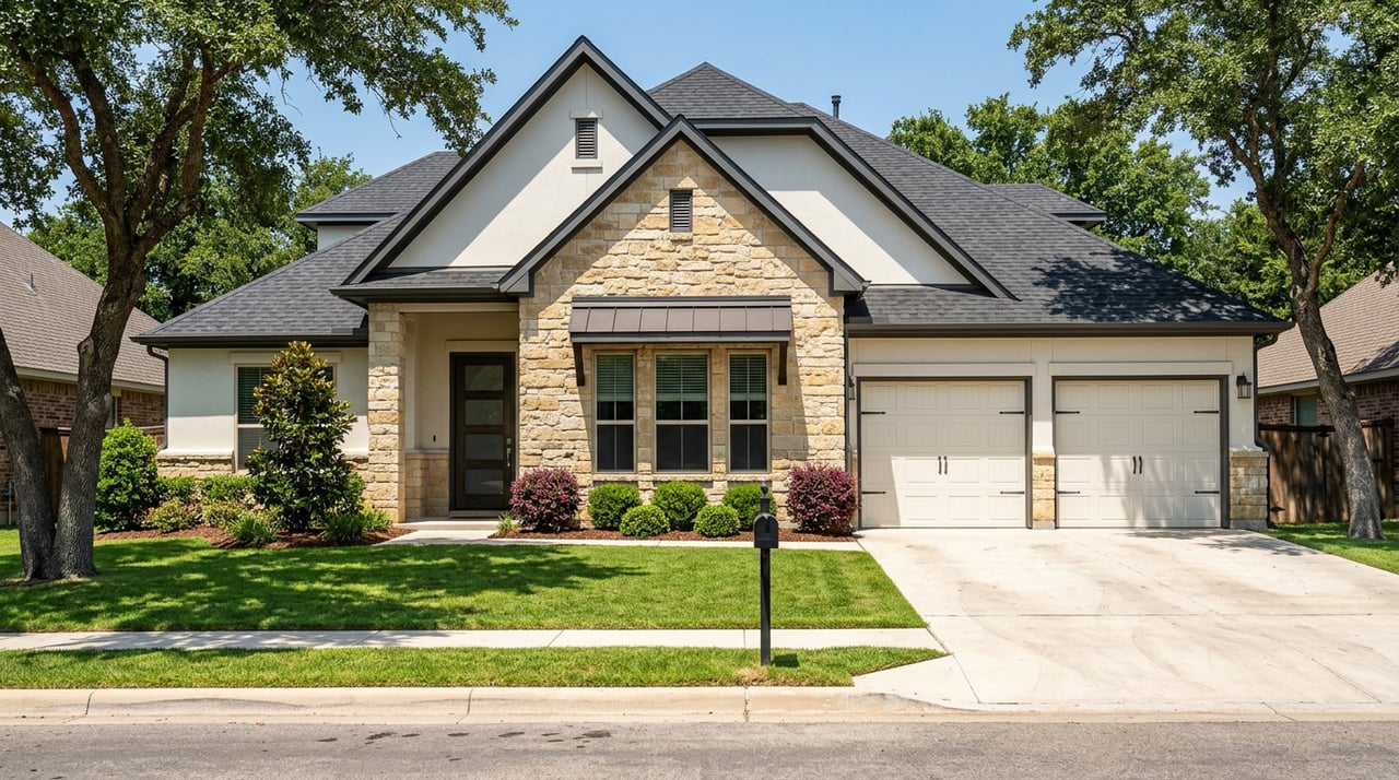Gabled limestone-and-stucco home with a two-car garage, broad lawn, and post oaks beside the street.