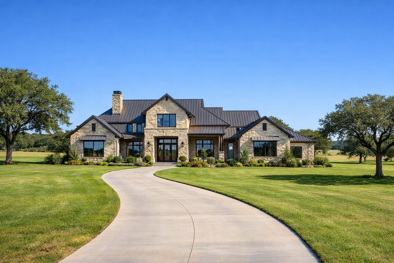 Stone house with a dark metal roof, broad lawn, and curved driveway leading to the entrance.