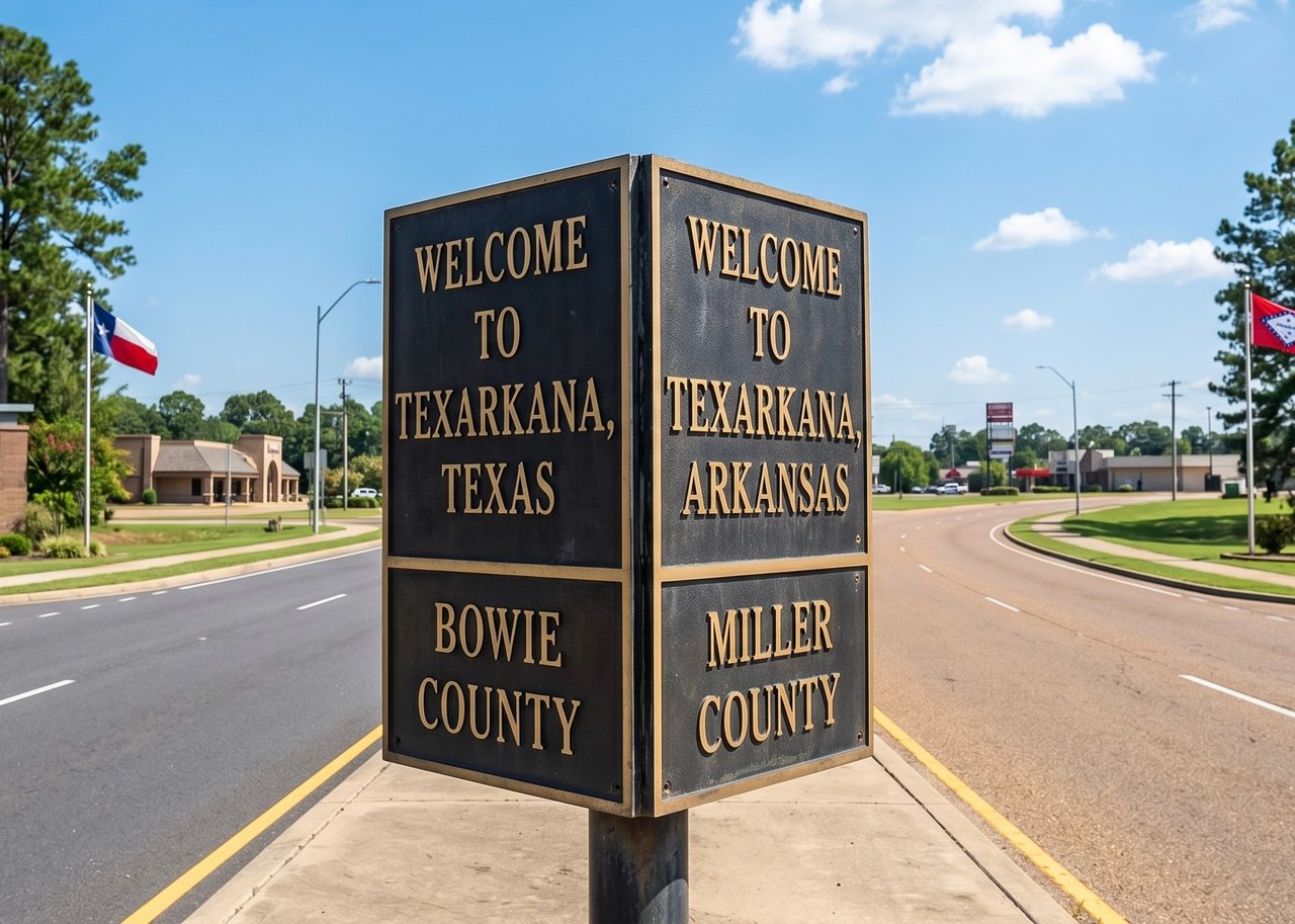 Texarkana welcome sign marking the Texas-Arkansas border and the Bowie and Miller county line.