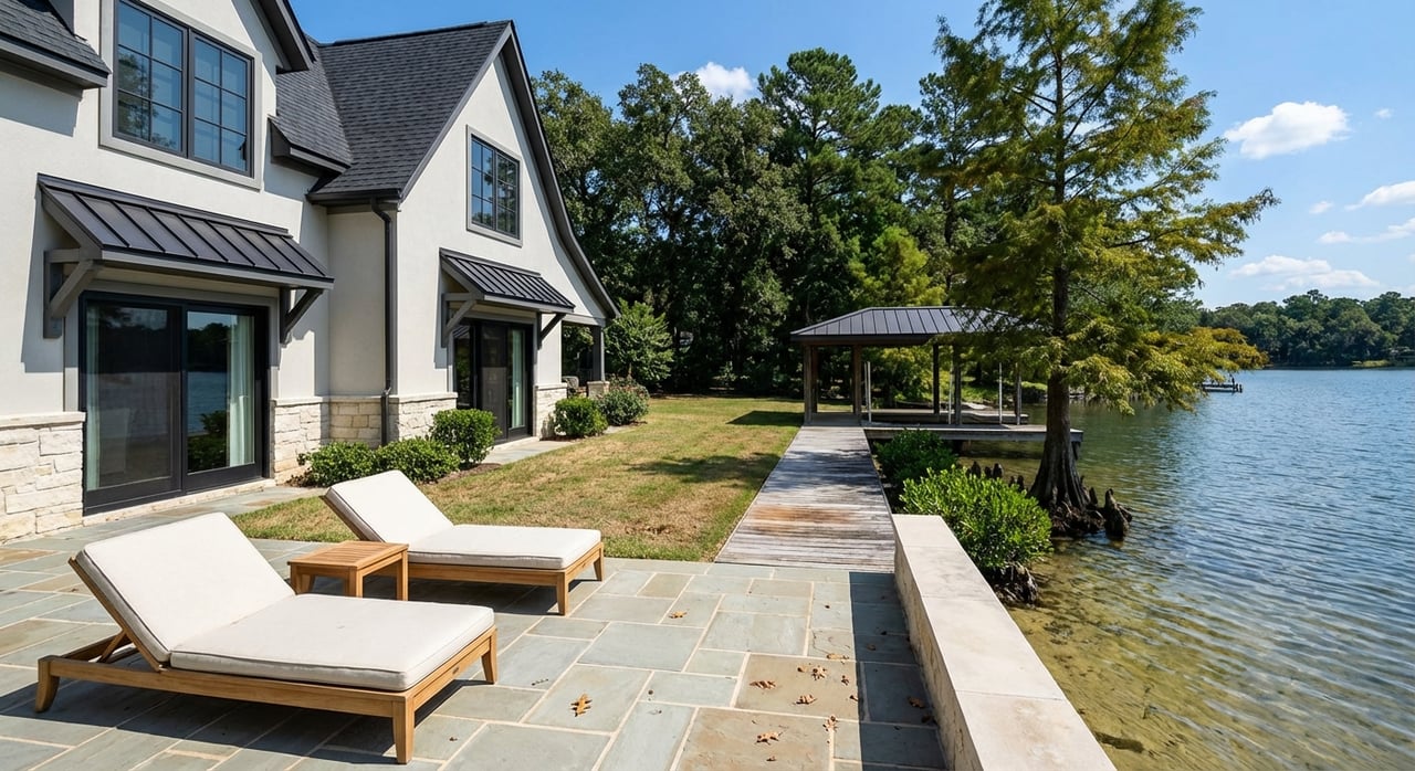 Lakeside home with a flagstone patio and cedar dock beside clear water and a dense treeline.