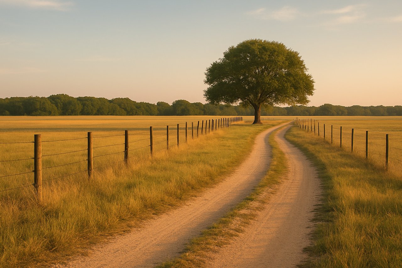 A dirt lane curves through fenced golden fields toward a large solitary tree.