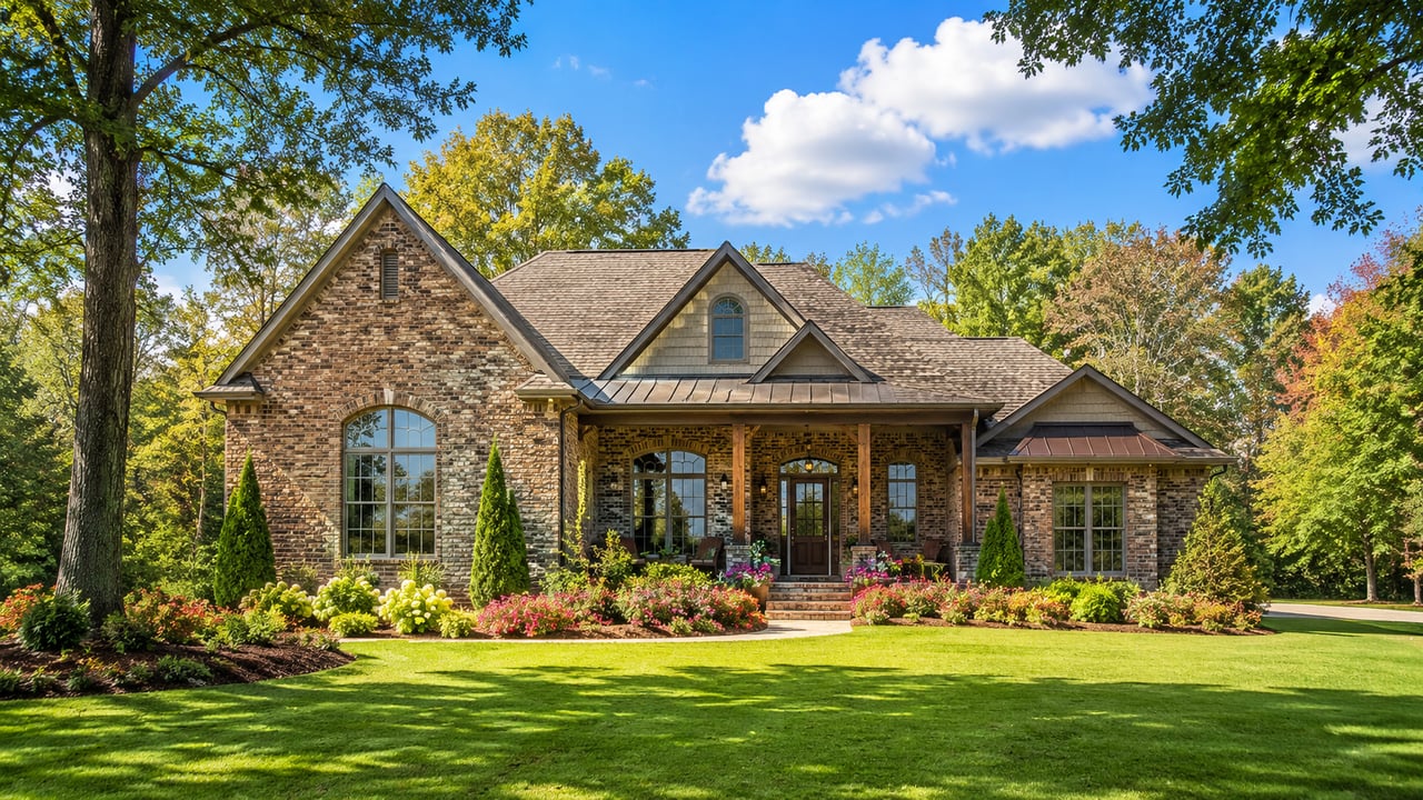 Brick house with a covered porch, arched windows, colorful flower beds, and a broad lawn.