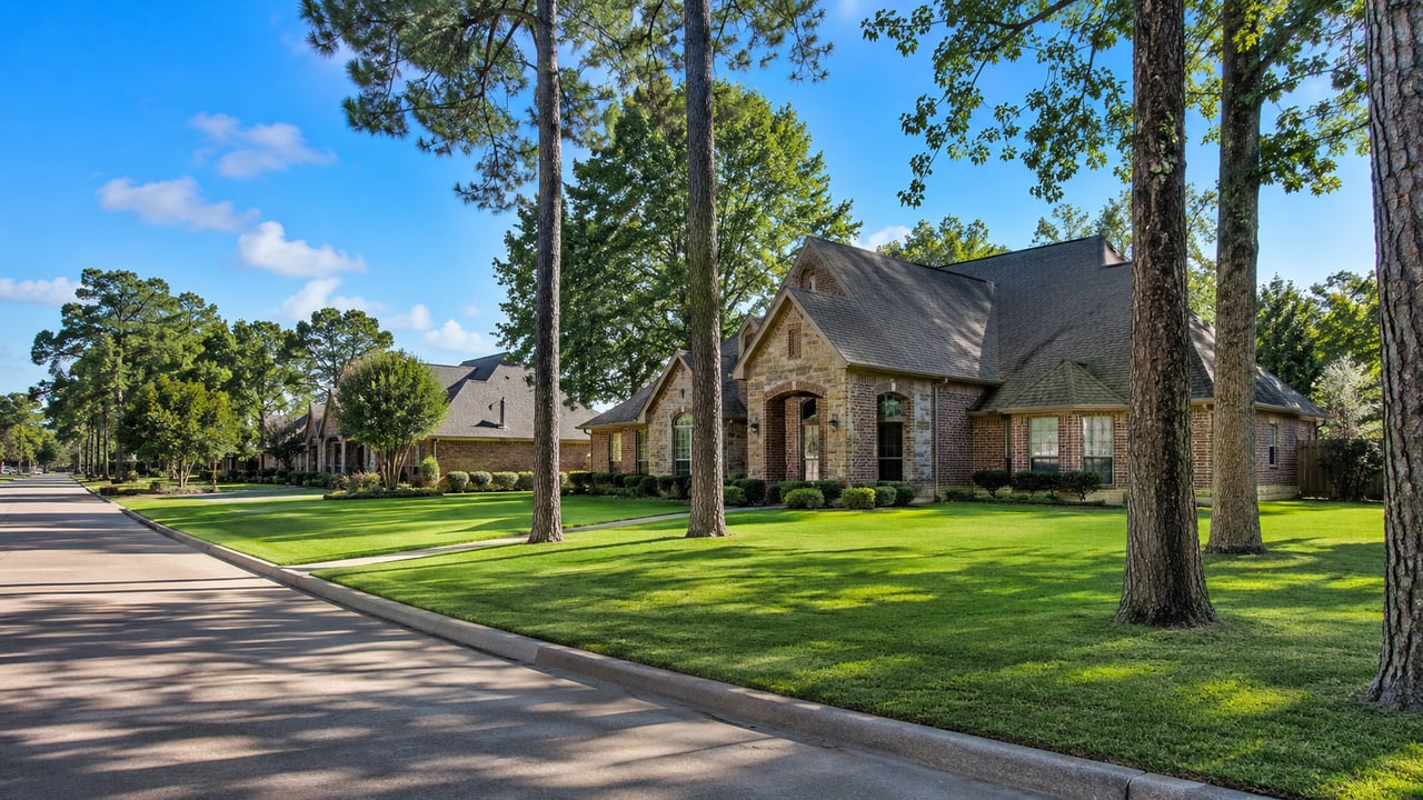 Brick-and-stone house with a manicured lawn and mature trees along a residential street.