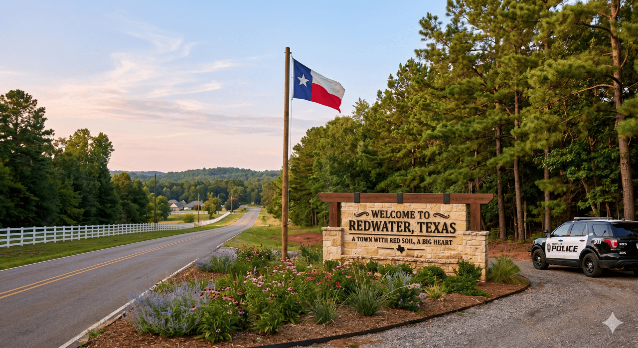 Redwater, Texas welcome sign beside a tree-lined road, with a Texas flag and police SUV.
