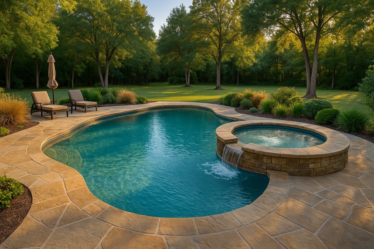Freeform swimming pool and raised spa with a stone patio, lounge chairs, and wooded lawn.