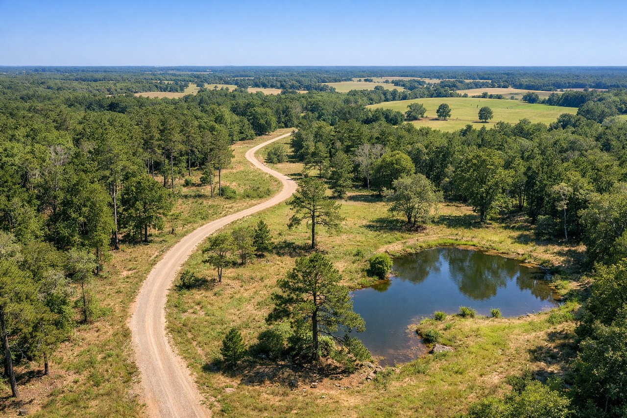 Aerial view of wooded land with a winding dirt road and pond.