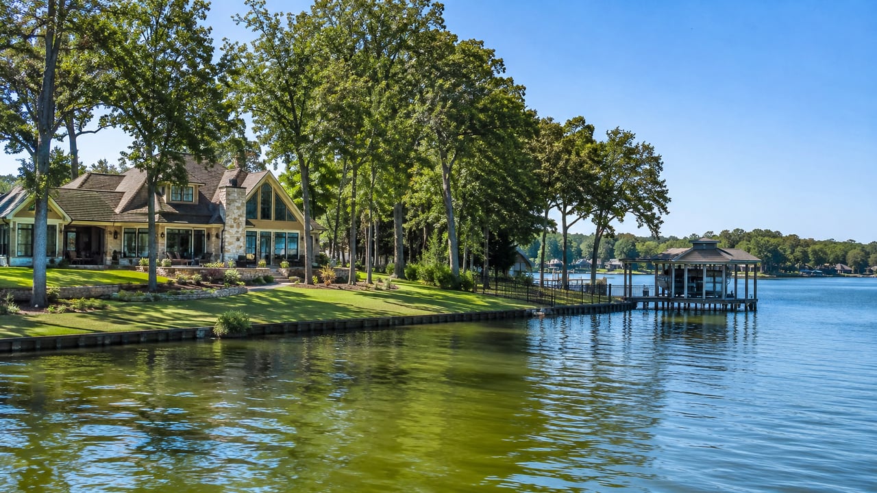 Lakefront home among mature trees, with a covered dock extending over the water.