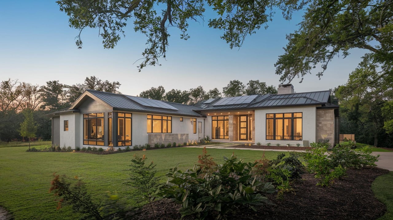 Modern single-story home with a dark metal roof, glowing windows, and a landscaped lawn beneath trees.