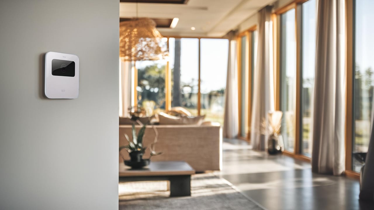 Wall-mounted white thermostat in a bright living room with floor-to-ceiling windows.