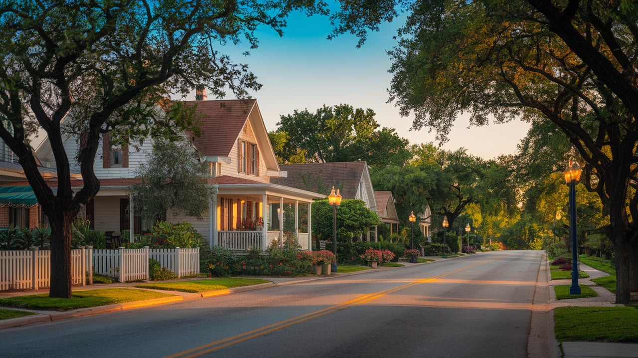 Tree-lined residential street with white picket fences, porch-fronted houses, and glowing lampposts at dusk.