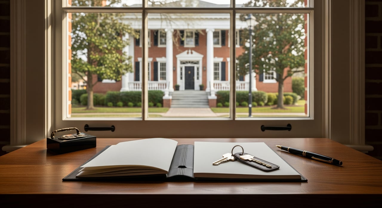 Open guest book and pen on a desk, with a white-columned red-brick building framed in the window.