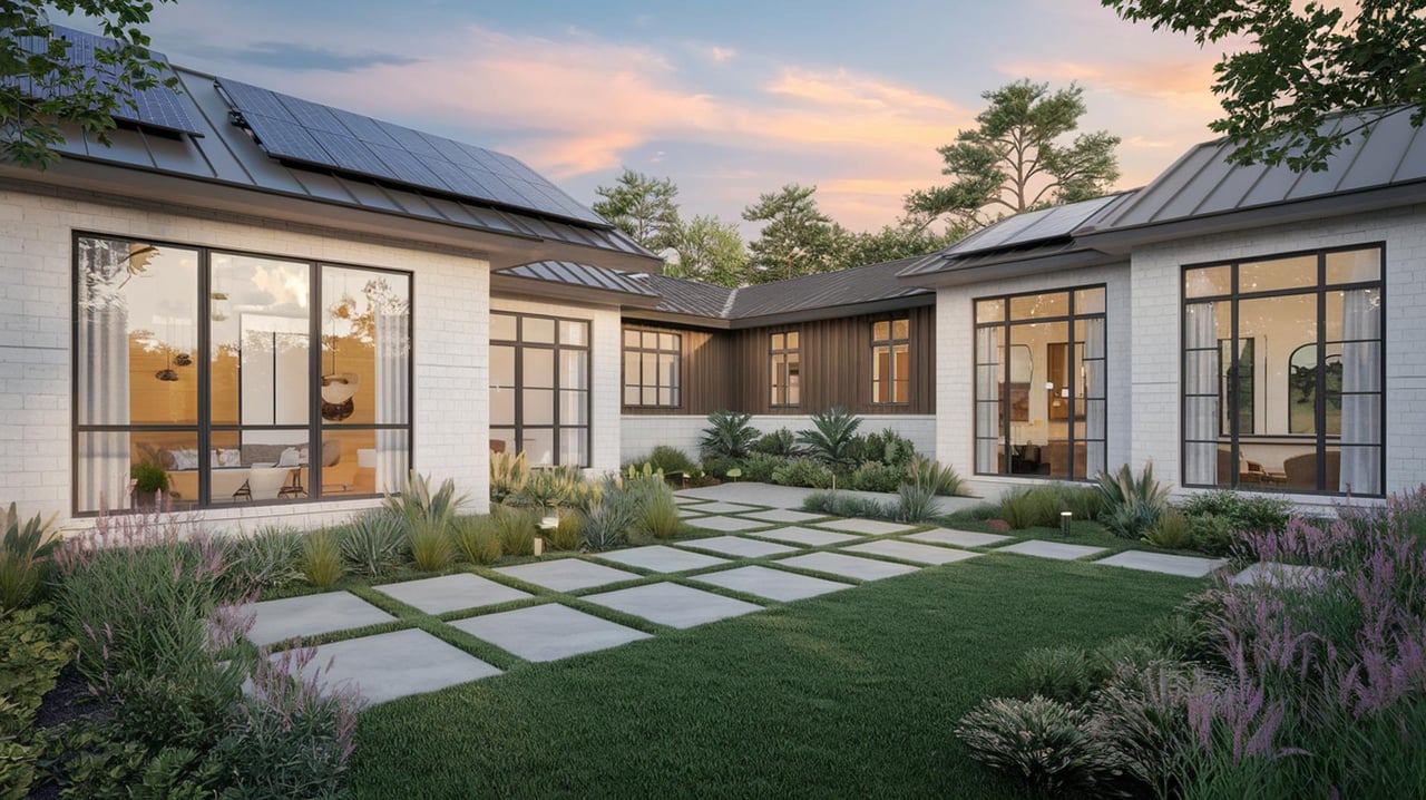 Modern white house with solar panels, large windows, and a stepping-stone path through a landscaped courtyard.