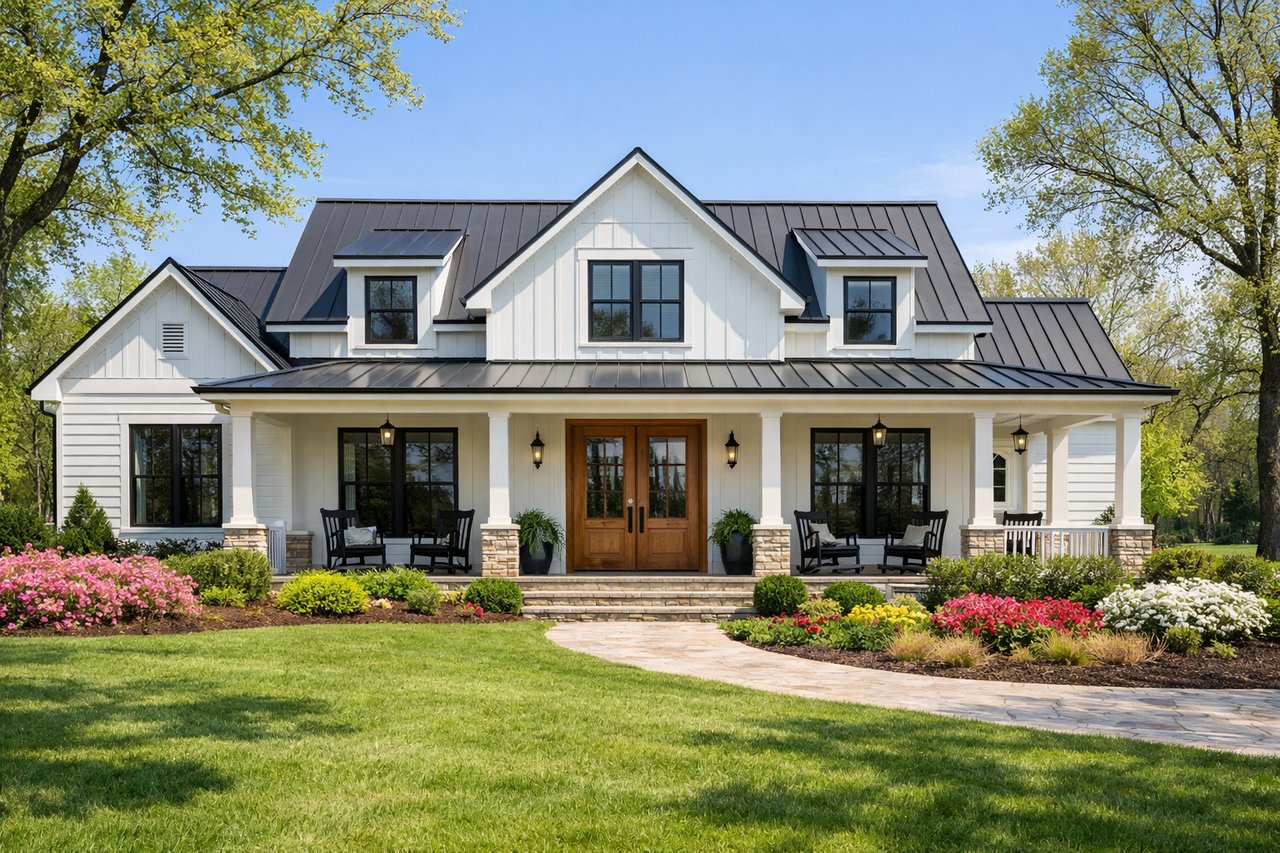 White farmhouse with black metal roof, covered porch, wood double doors, flowering gardens, and a broad lawn.