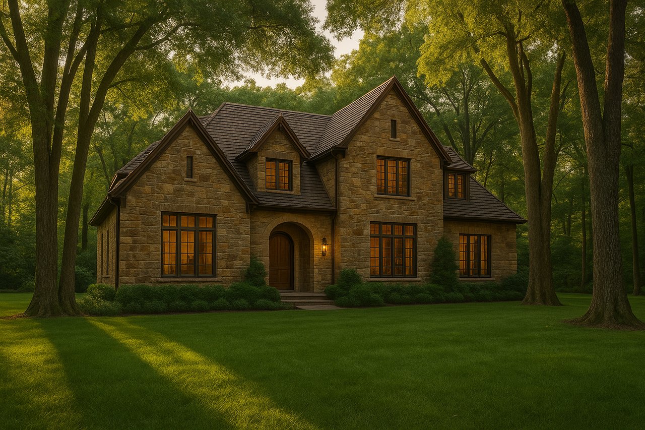 Stone house with steep gabled roofs and glowing windows, framed by mature trees and a broad lawn.