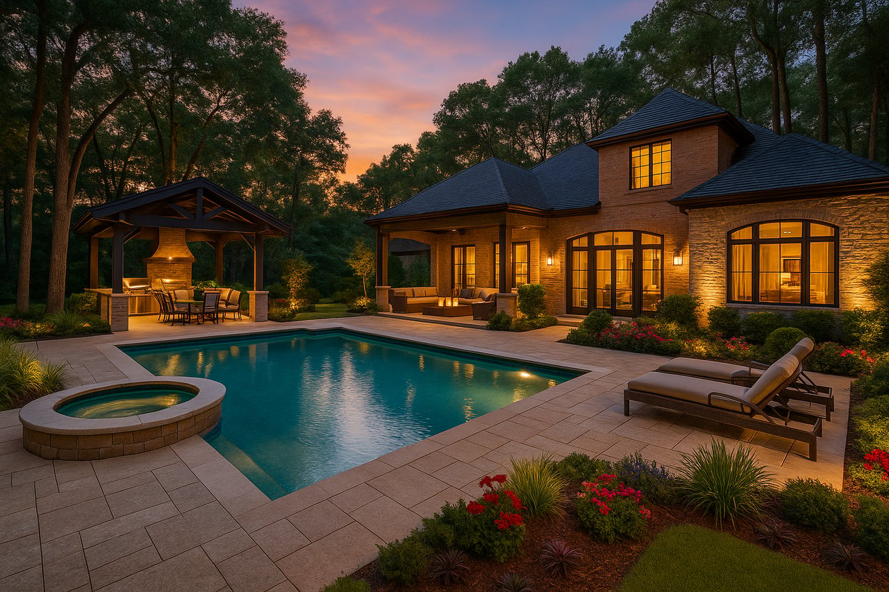 Brick and stone home beside a lit swimming pool and spa at dusk, with a covered outdoor kitchen.