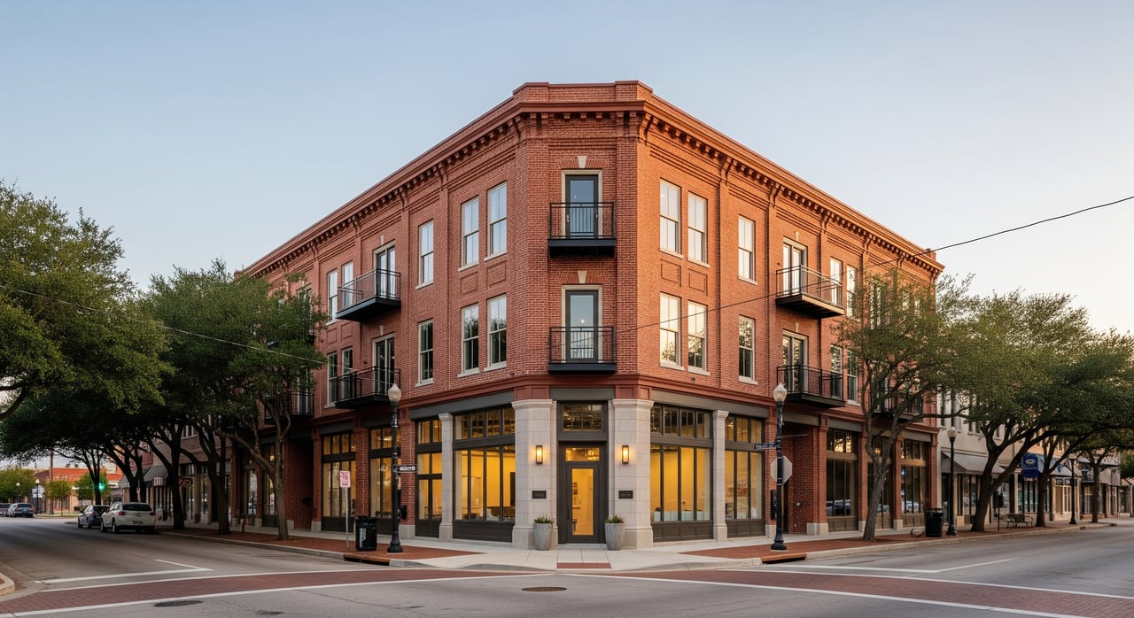 Three-story red-brick corner building with black balconies and large street-level windows.