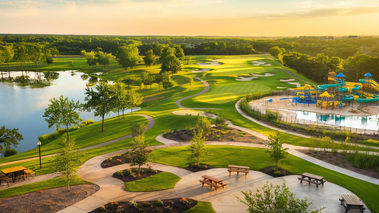 Winding paths cross a landscaped golf course beside a lake and colorful water park.