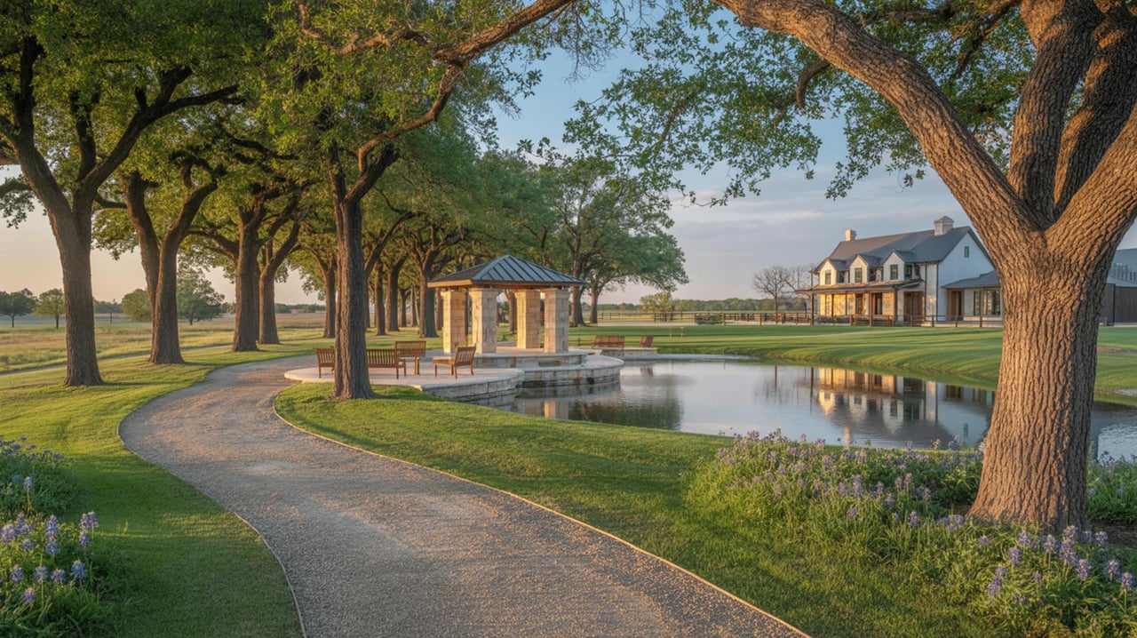 Curving path lined with trees leads to a pavilion beside a reflecting pond and large house.