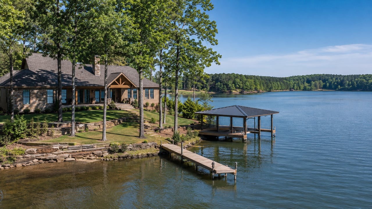 Stone lakeside home among trees, with a covered pavilion and wooden dock extending over the water.