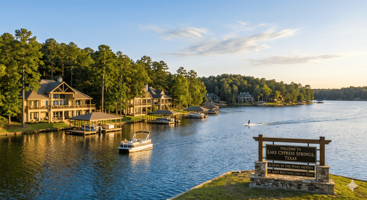 Lake Cypress Springs shoreline with pine-shaded homes, boats, and a welcome sign.