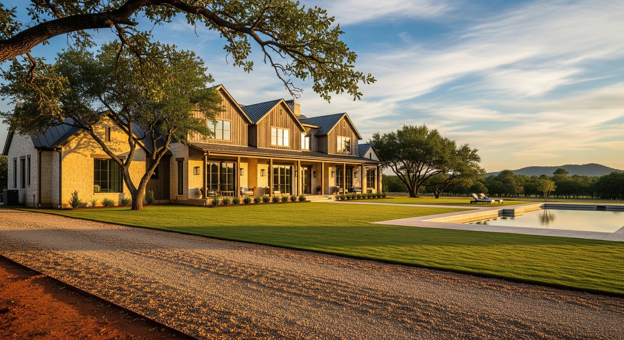 Large stone-and-timber lodge beside a swimming pool, framed by an overhanging tree and a gravel drive.
