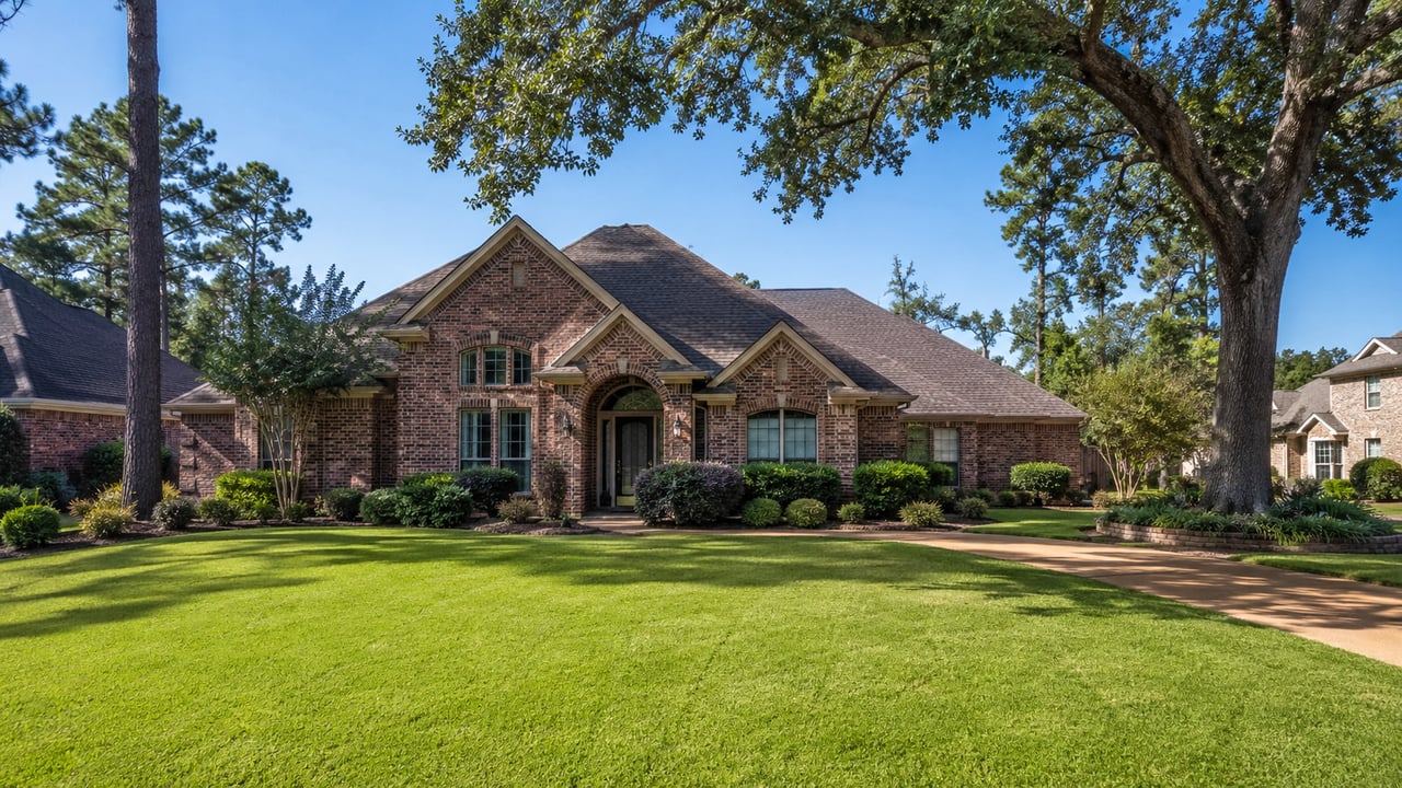 Brick house with an arched entry, landscaped shrubs, mature trees, and a broad front lawn.