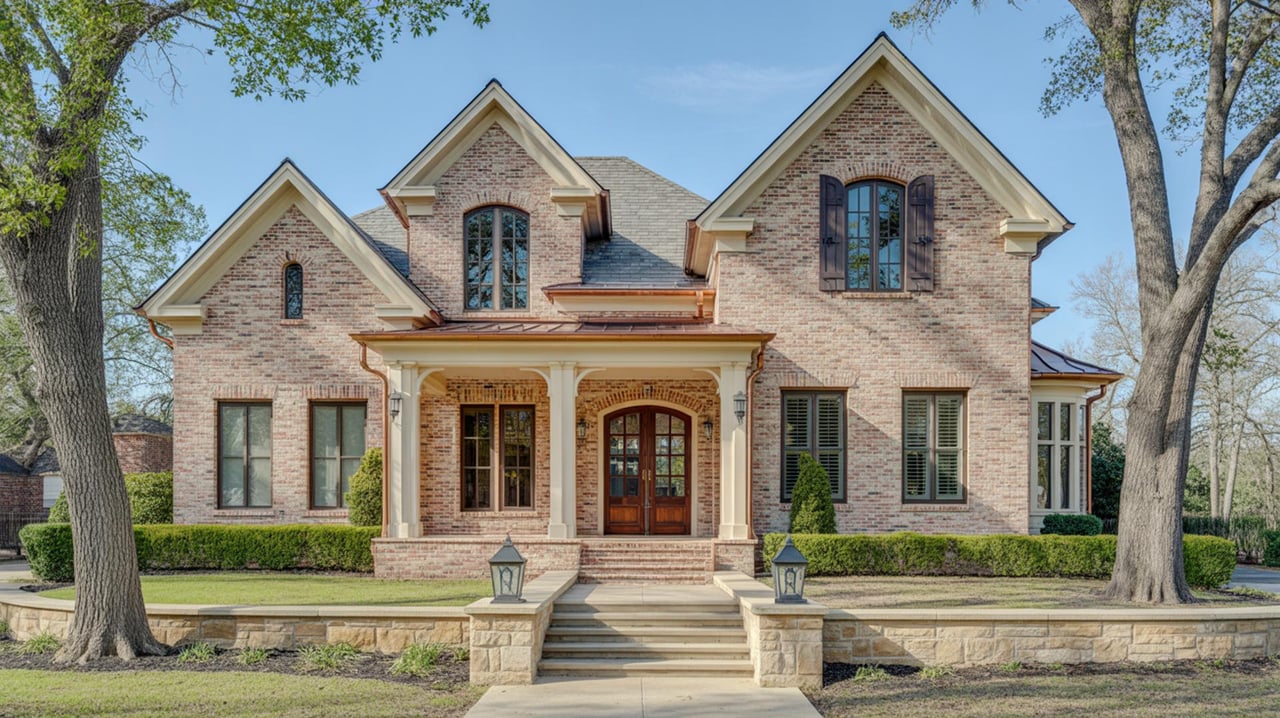 Large brick house with three steep gables, a covered entry, and broad stone steps between mature trees.