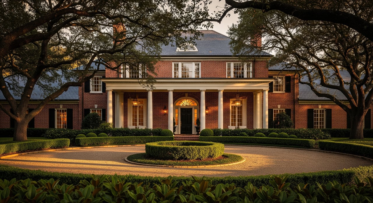 Two-story brick mansion with a columned entrance, circular driveway, and large oak trees framing the facade.