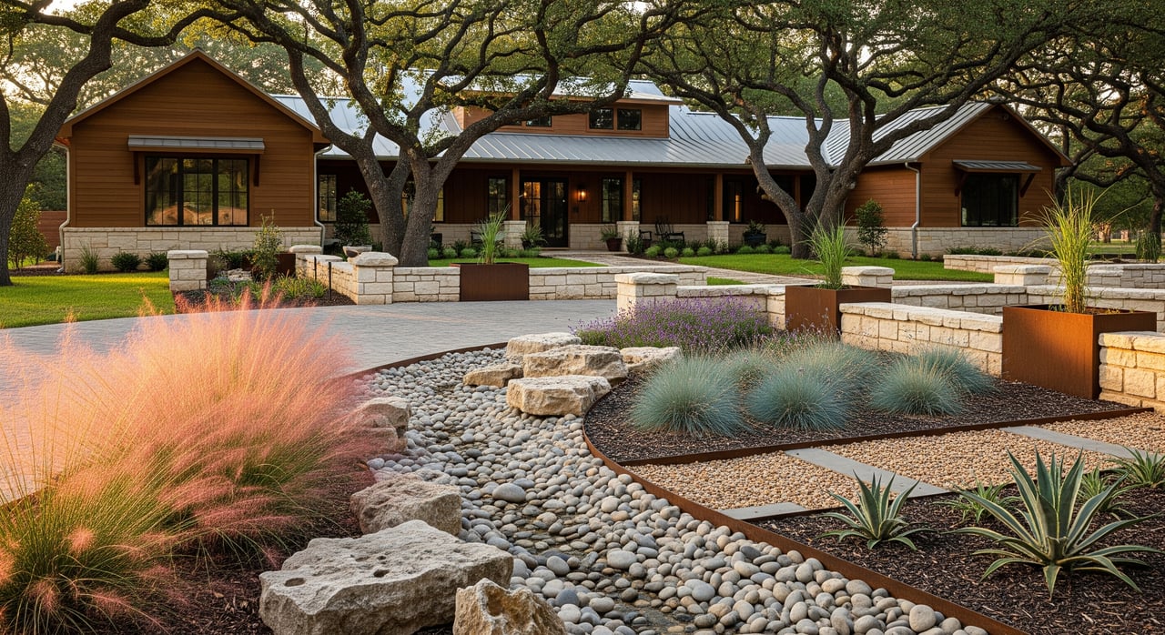 Single-story wood-and-stone house behind a dry creek landscape with ornamental grasses and boulders.