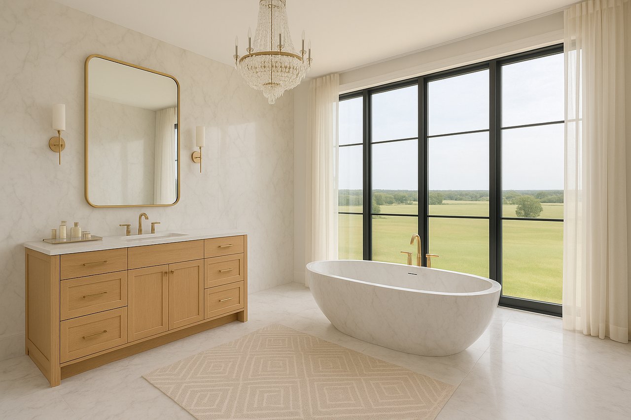 Luxury bathroom with freestanding tub, light wood vanity, and large windows overlooking green fields.