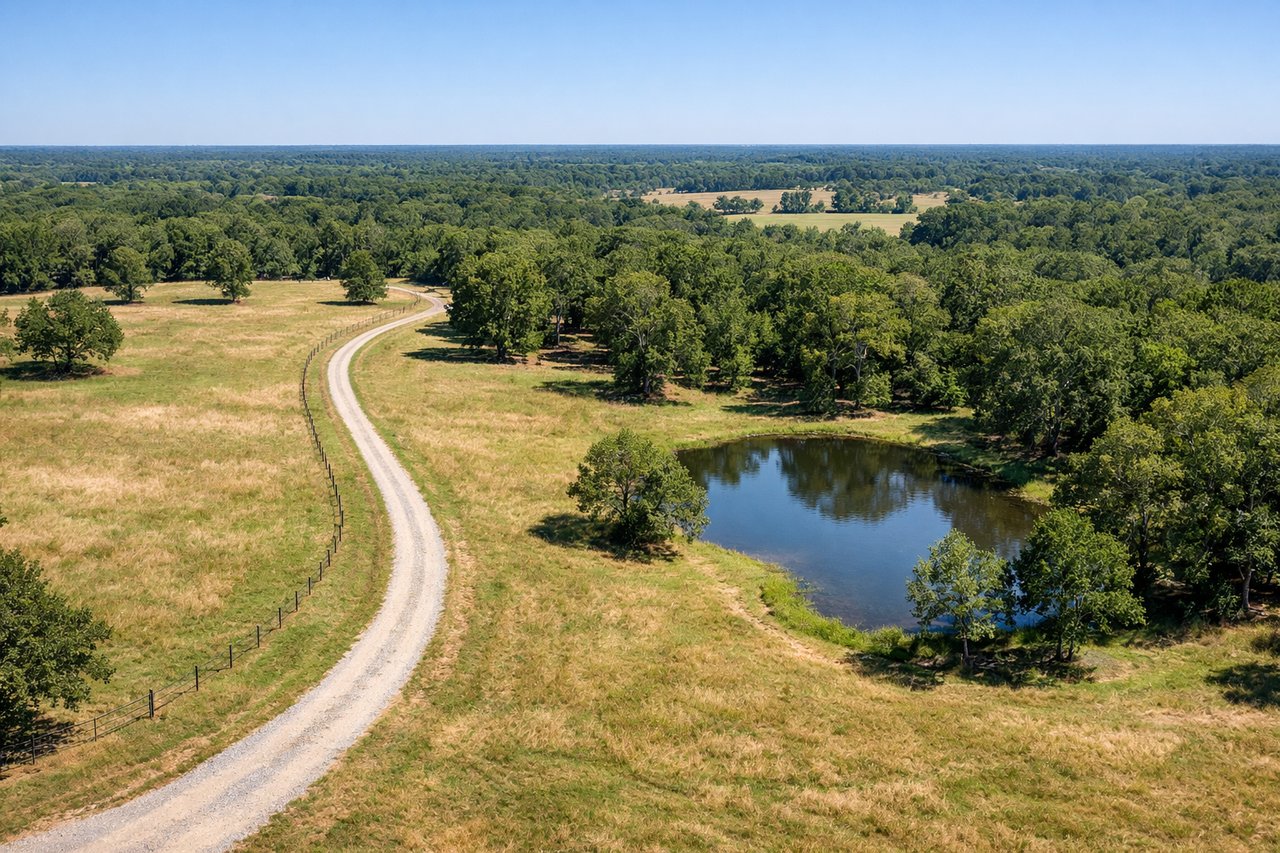 Aerial view of rural pasture with a winding gravel drive and pond.